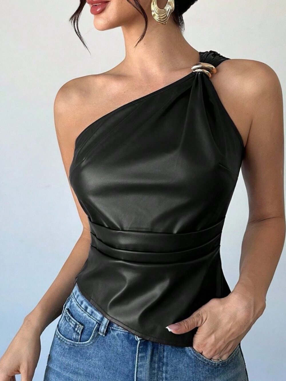 Black Metallic One-Shoulder Women's Sleeveless Faux Leather Blouse - Picture 4 of 7